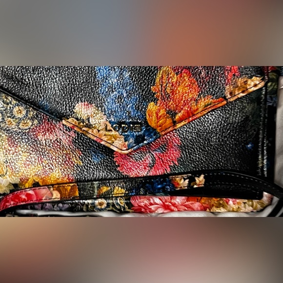 Black Leather clutch with flowers and crossbody shoulder bag. LODIS 9x5x0.5” - Picture 13 of 13